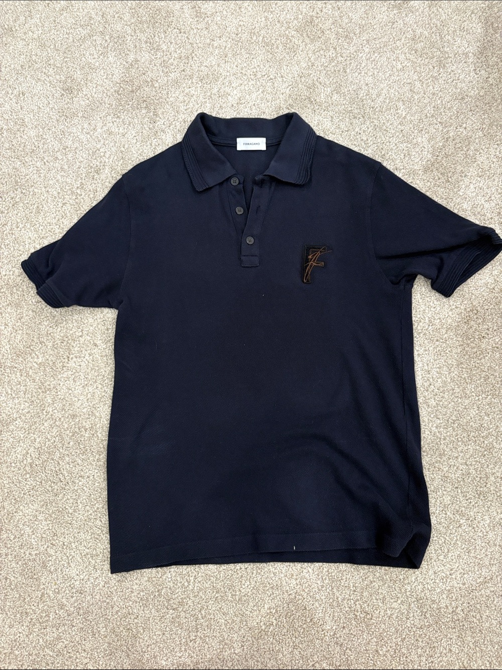 Salvatore Ferragamo Navy Short-Sleeve Polo with Embroidered F Patch